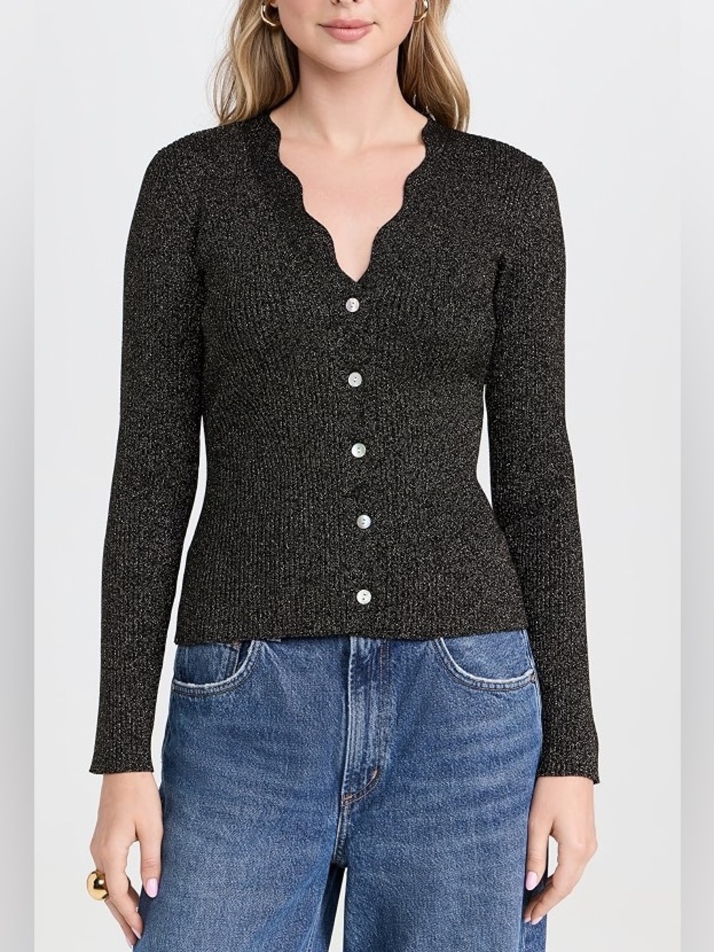 NWT RAILS Dita Black Gold Scallop-Edge Long Sleeve Button Cardigan Sweater S